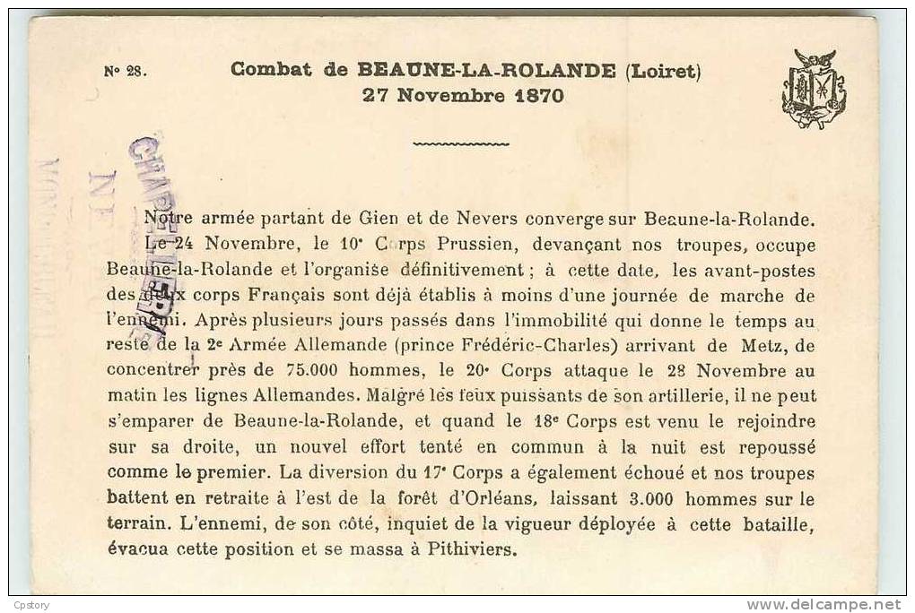 45 - BEAUNE La ROLANDE - Bataille Du 27 Novembre 1870 - Guerre - Détails Au Dos - Beaune-la-Rolande