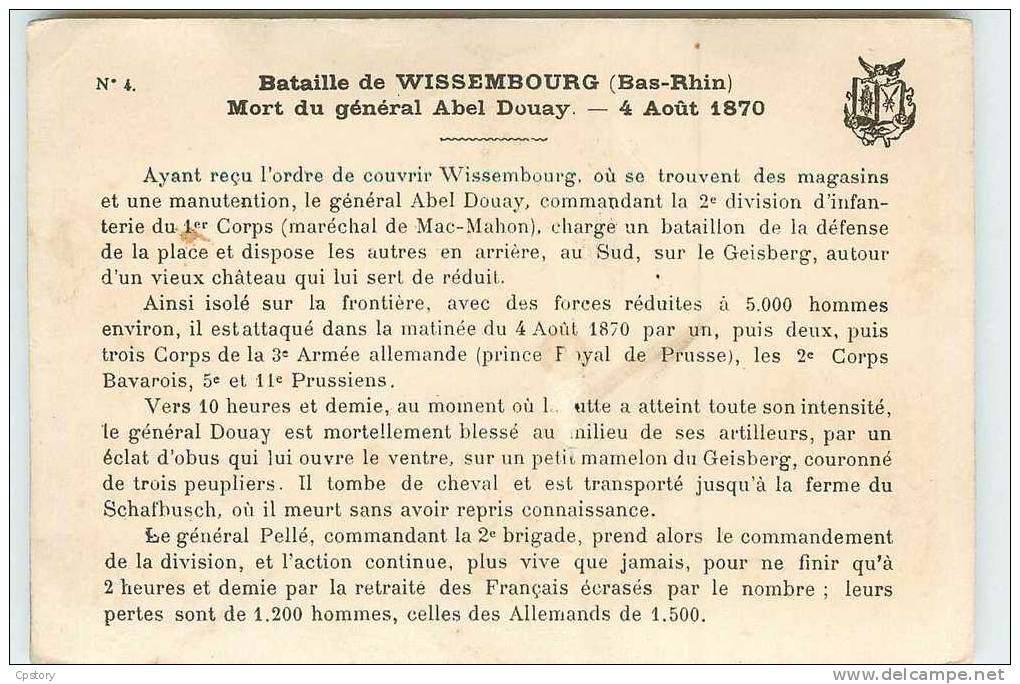 GUERRE De 1870 - WISSEMBOURG - Bataille Du 04 Aout 1870 - Mort Du Général Douay - Détails Au Dos - Wissembourg