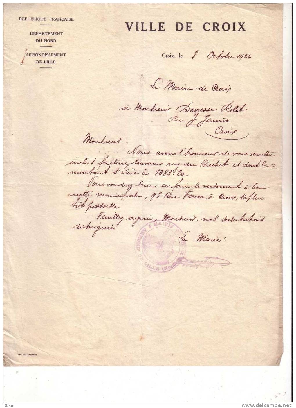 CROIX  Departement Du Nord  VILLE DE CROIX   Arrondissement De LILLE  ( 2 Pages) Facture Pour Travaux .8.10.1926 - 1900 – 1949