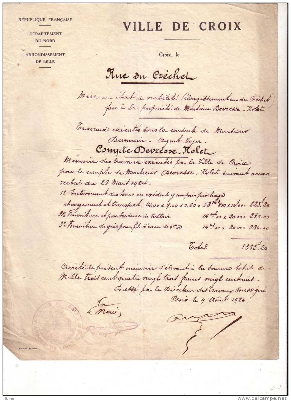 CROIX  Departement Du Nord  VILLE DE CROIX   Arrondissement De LILLE  ( 2 Pages) Facture Pour Travaux .8.10.1926 - 1900 – 1949