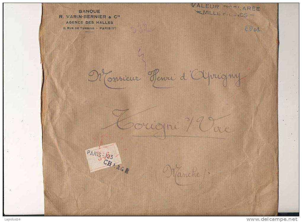 ED 01 /ENVELOPPE CHARGEE DE PARIS POUR TORIGNY SUR VIRE LETTRE AVEC VALEUR DECLAREE (cachets De Cire) - Storia Postale