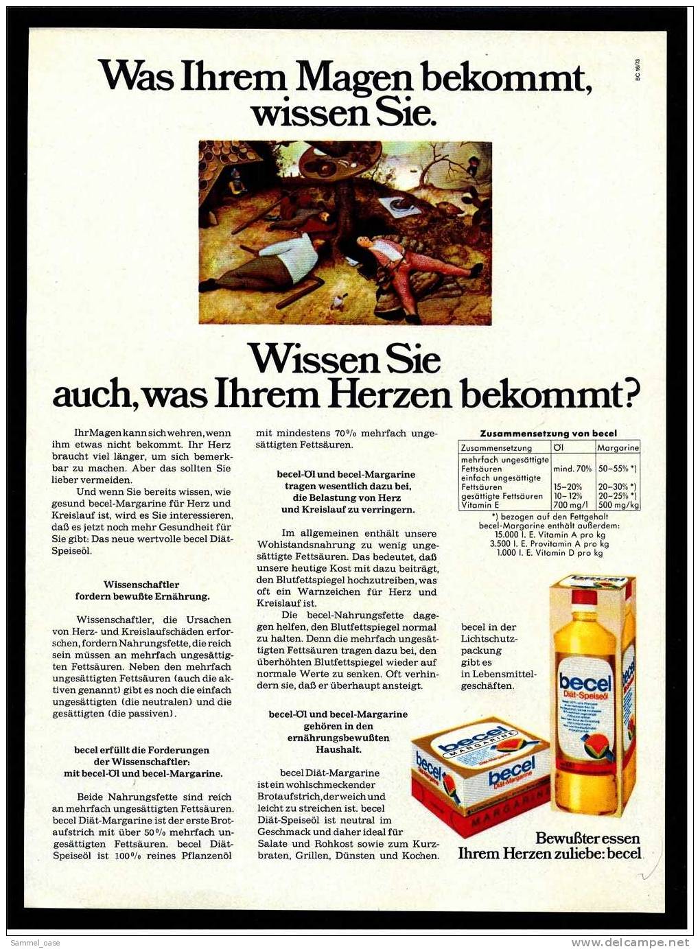 Reklame Werbeanzeige 1973 ,  Becel  -  Diät-Speiseöl  /  Diät-Margarine - Sonstige & Ohne Zuordnung