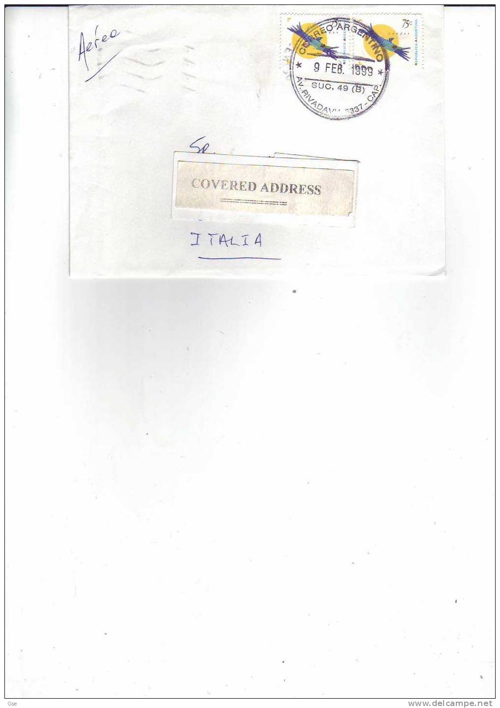 ARGENTINA  1999 - - Lettera Per L'Italia  - Yvert 1881 (x2) - Lettres & Documents