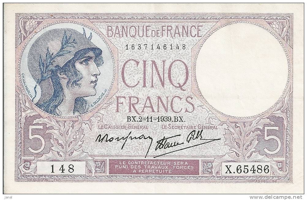 -  FRANCE - BILLETS - 5 F - VIOLET - BX - 2 - 11 1939 - N° 148 - - 5 F 1917-1940 ''Violet''