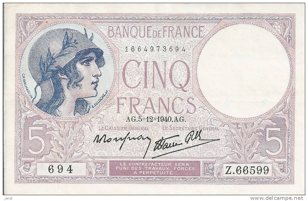 -  FRANCE - BILLETS - 5 F - VIOLET - AG 5 - 12 - 1940 -  N° 694  - - 5 F 1917-1940 ''Violet''