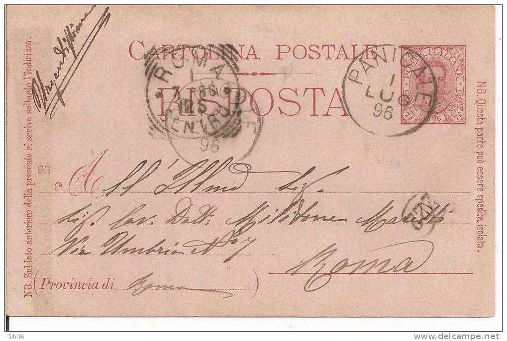 STORIA POSTALE -  C.P.  RISPOSTA  CENT. 7,50 - DA PANICALE  PERUGIA  PER  ROMA - TIMBRO TONDO PANICALE - Entero Postal