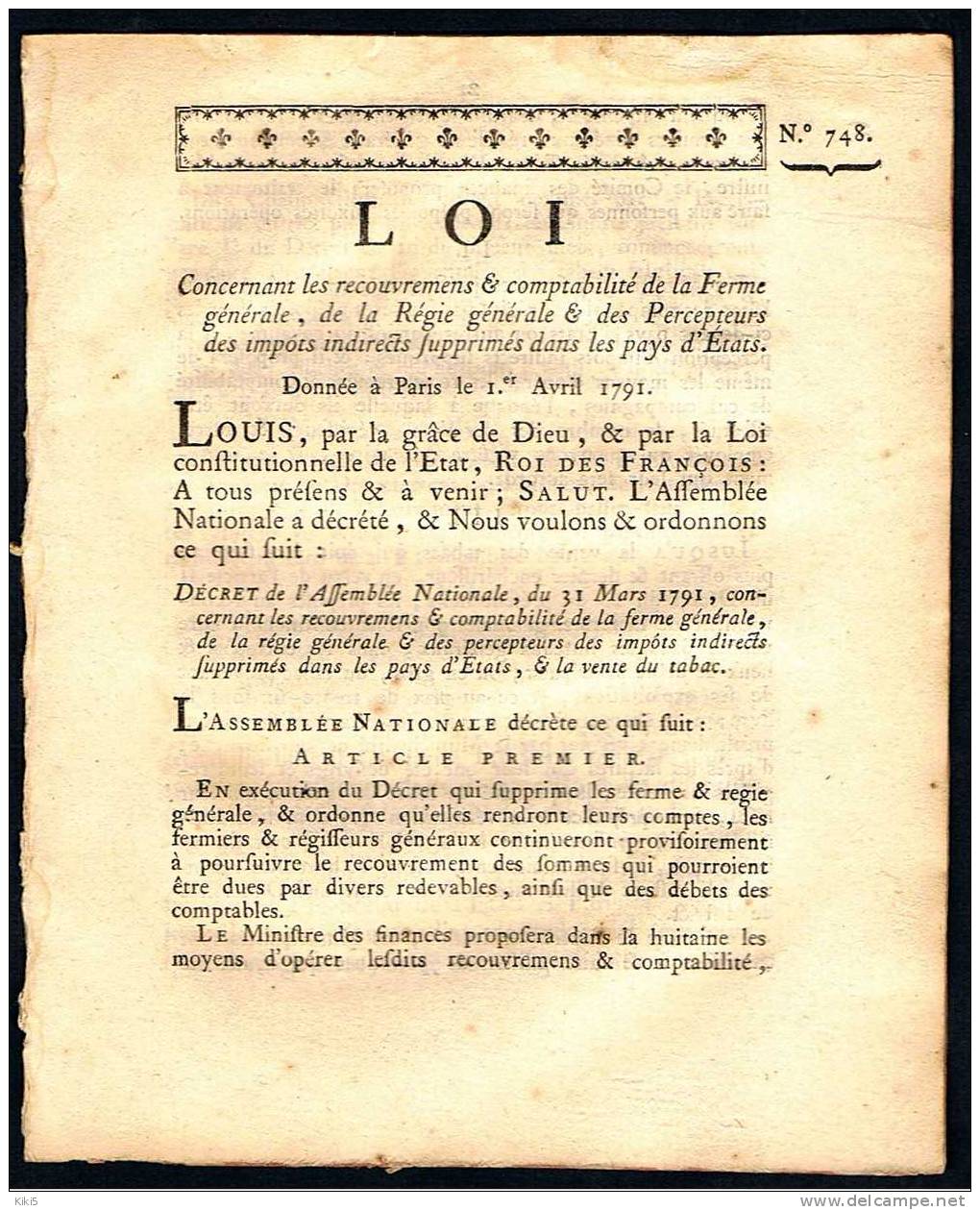 DECRET  N° 748 Du  31 Mars 1791 Sur Le Recouvrement Des Impots - Décrets & Lois