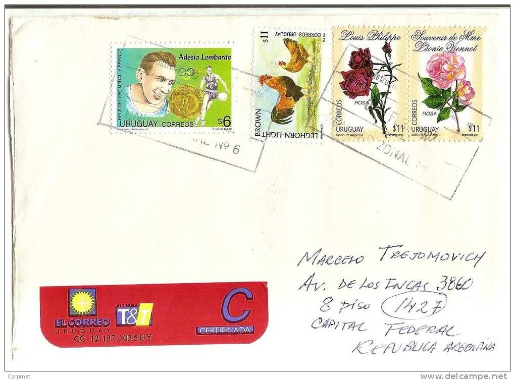 OLYMPICS - HELSINKI 1952 + ROSES Se-tenant Pair + FAUNA LEGHORN-LIGHT - VF TOPICAL REGISTERED URUGUAY COVER To ARGENTINA - Sommer 1952: Helsinki