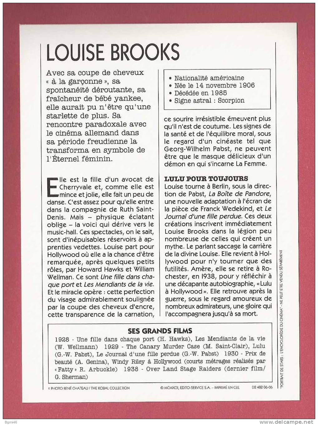 * Fiche Cinéma : N°90  :  LOUISE  BROOKS  :  ETATS - UNIS  : ( Voir Les 2 Scans ) - Photos