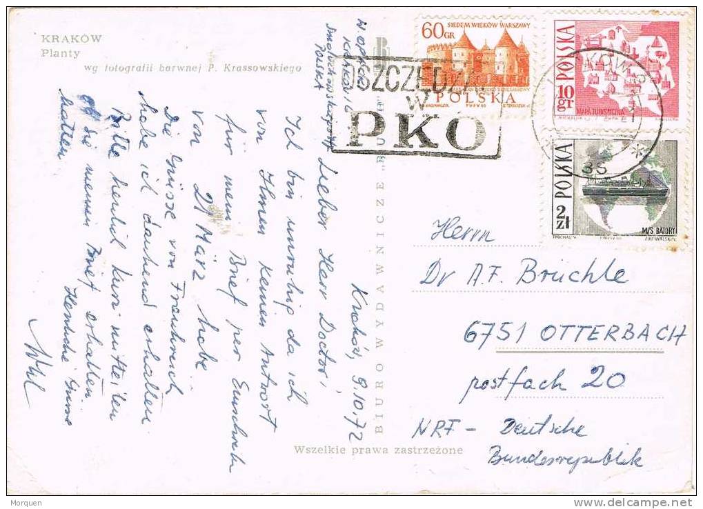 Postal KRAKOW (Polonia) 1972. P.K.O.  Paseo Ajardinado - Cartas & Documentos