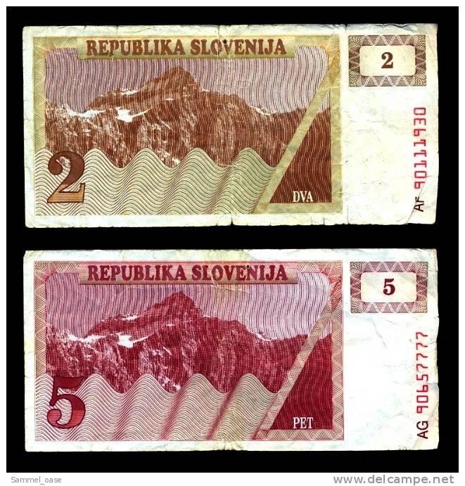 Slowenien / Slovenije   2 Alte Banknoten 2 + 5 Tolar / Tolarjev  ,  Bergmotiv - Slowenien