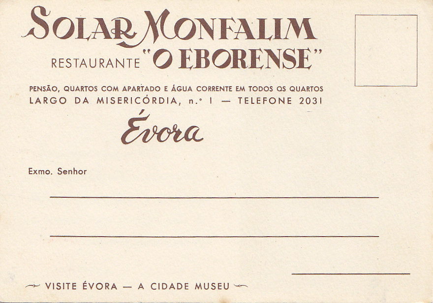 Portugal - Evora - Solar Monfalim Restaurante O Eborense - Publicité Hotels Restaurants - Evora