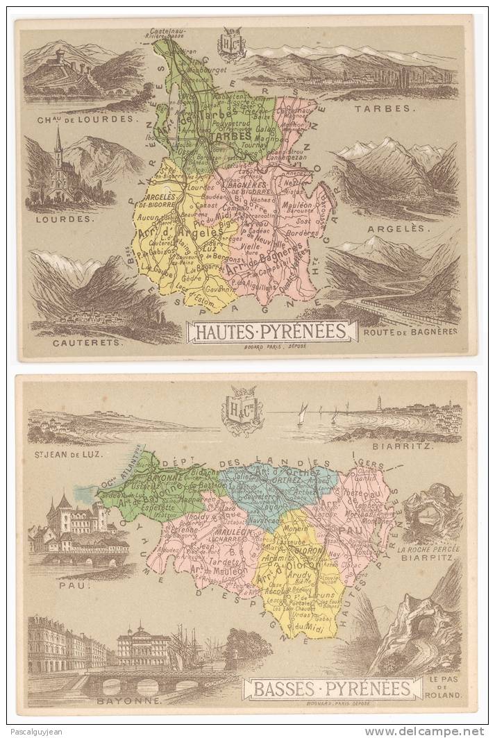 2 CHROMO CARTE GEOGRAPHIQUE DEPARTEMENT HAUTES ET BASSES PYRENEES - Sonstige & Ohne Zuordnung