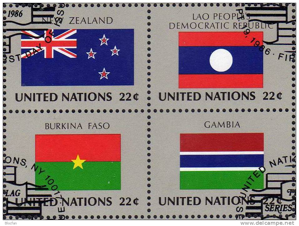 UNO 4-Block Flaggen VII 1986 New York 499/514ER+ 4xVB O 8€ Laos, Gambia, Malediven, Jordanien, Sambia - Collections (en Albums)