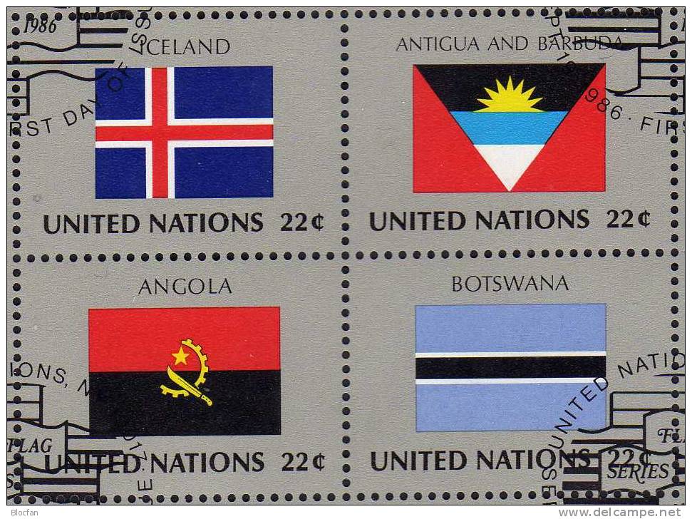 UNO 4-Block Flaggen VII 1986 New York 499/514ER+ 4xVB O 8€ Laos, Gambia, Malediven, Jordanien, Sambia - Collections (en Albums)