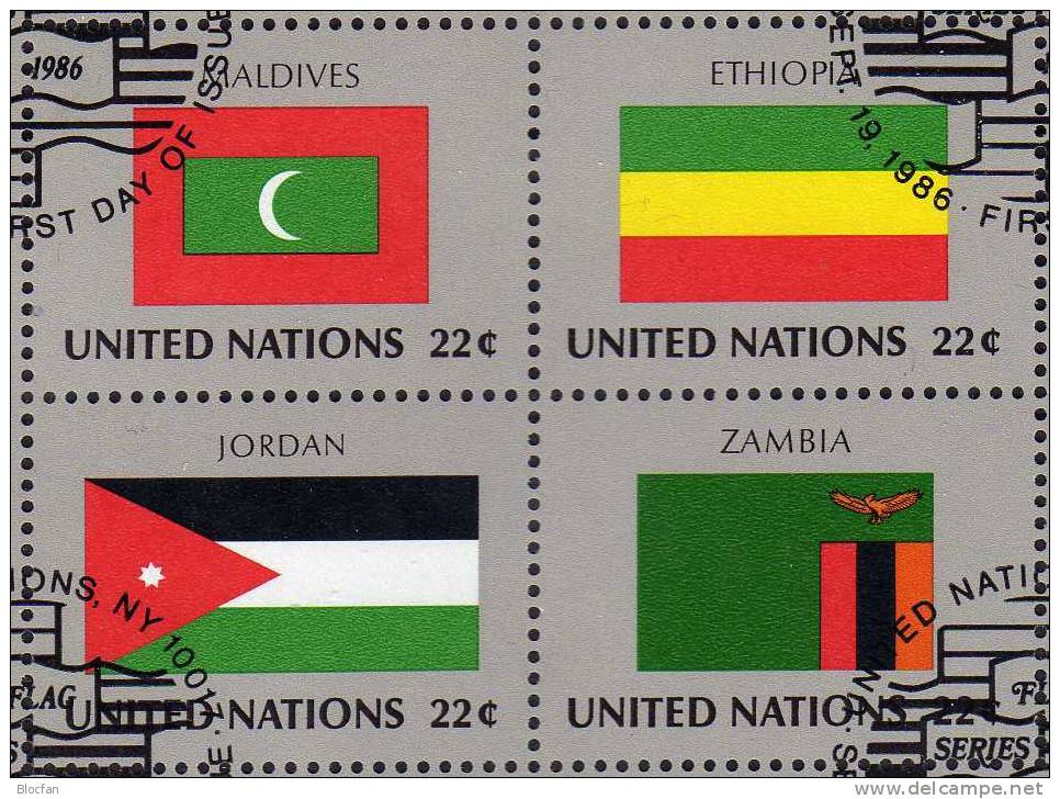 UNO 4-Block Flaggen VII 1986 New York 499/514ER+ 4xVB O 8€ Laos, Gambia, Malediven, Jordanien, Sambia - Collections (en Albums)