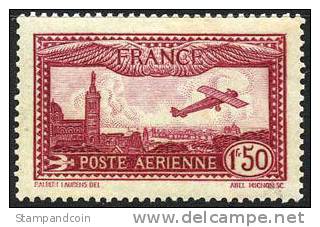 France C5 SUPERB Mint Hinged 1.50fr Deep Carmine Airmail From 1930 - 1927-1959 Nuevos