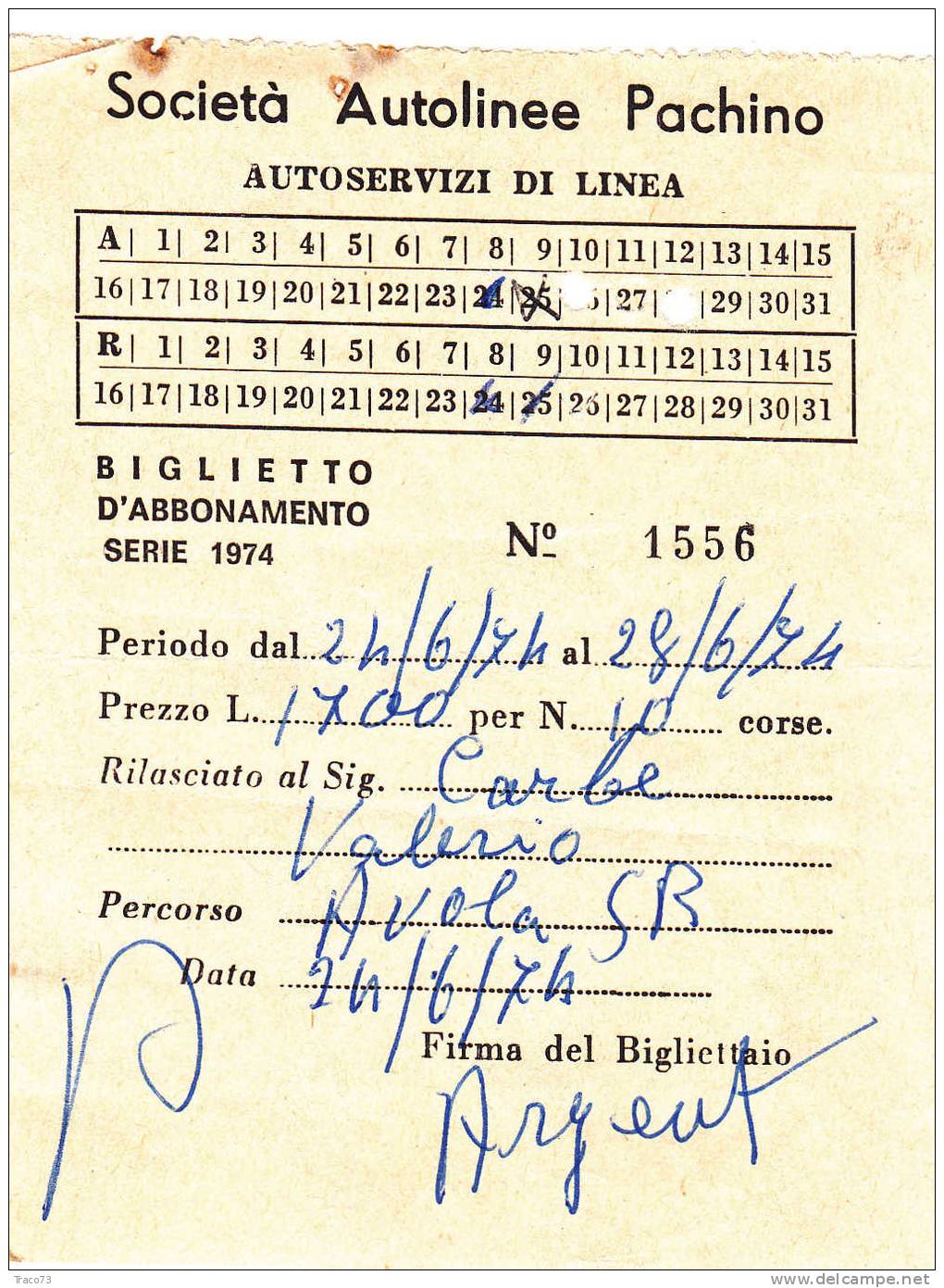 PACHINO  -  Società Autolinee  - Autoservizi Di Linea Biglietto Abbonamento - Anno 1974 - Europe