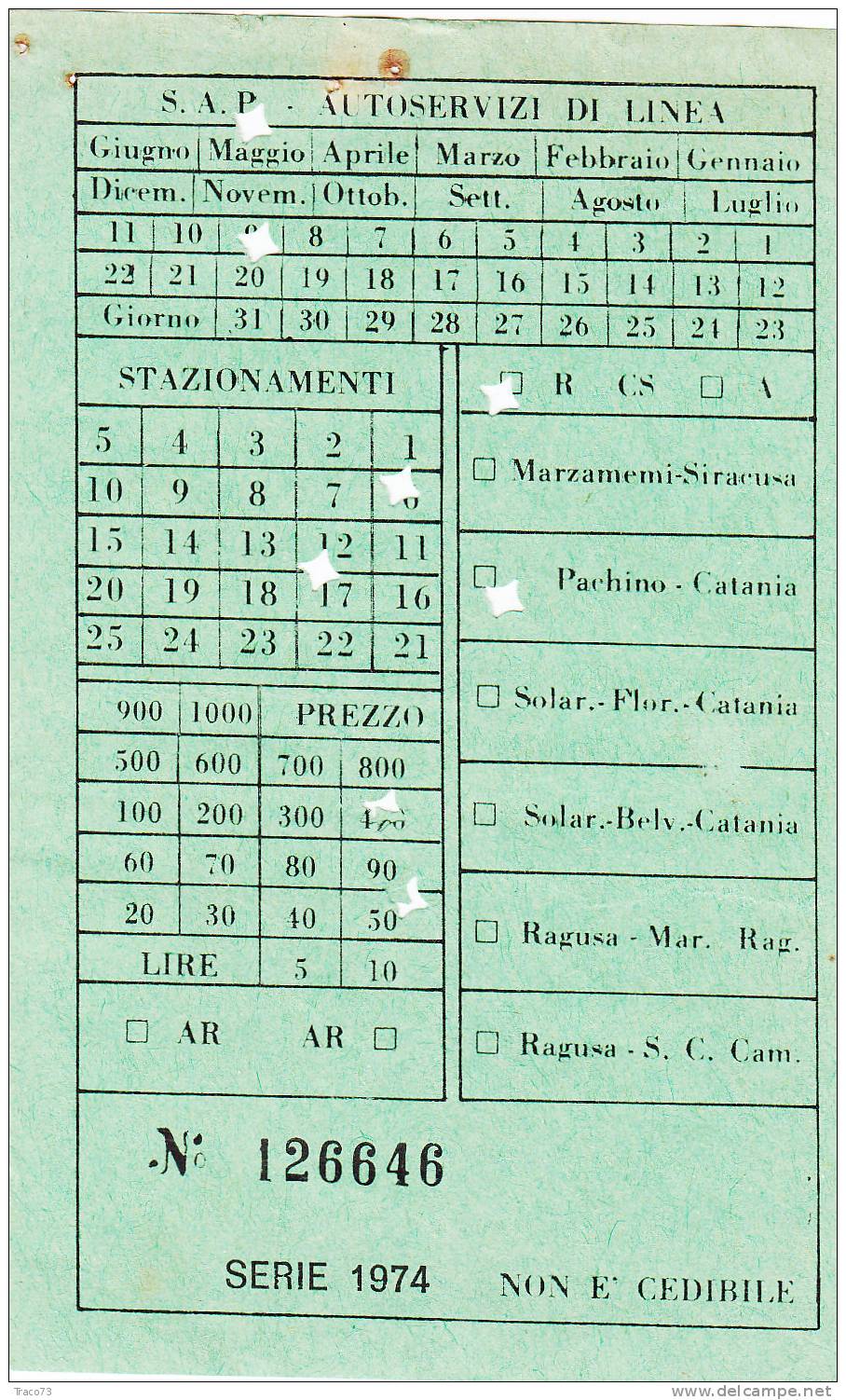 Pachino / Catania  -  Società S.A.P.  - Autoservizi Di Linea  - Biglietto Abbonamento - Anno 1974 - Europa