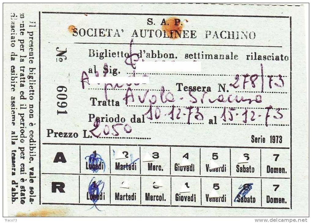 Avola  / Siracusa  -  Società S.A.P.  - Autoservizio Di Linea  - Biglietto Settimanale  (A/R) - Anno 1973 - Europa
