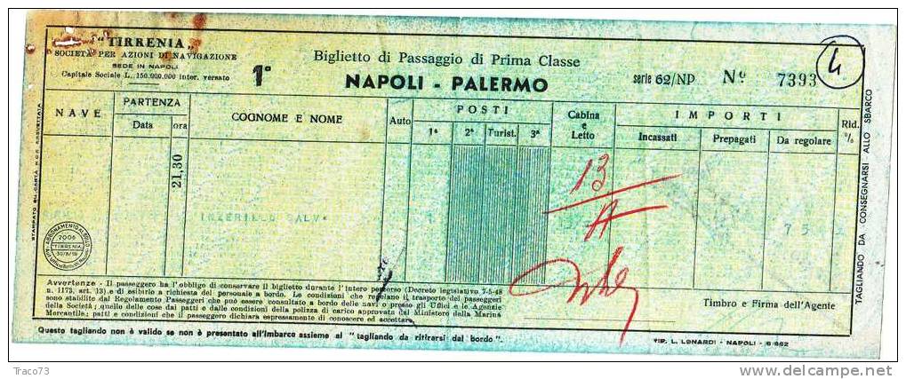 TIRRENIA  - NAPOLI  / PALERMO  -  Biglietto Di Passaggio Di Prima Classe - 1963 - Europe