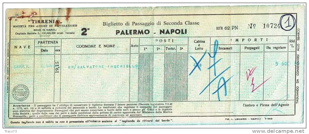 TIRRENIA  - PALERMO / NAPOLI -  Biglietto Di Passaggio Di Seconda  Classe - 1962 - Europe