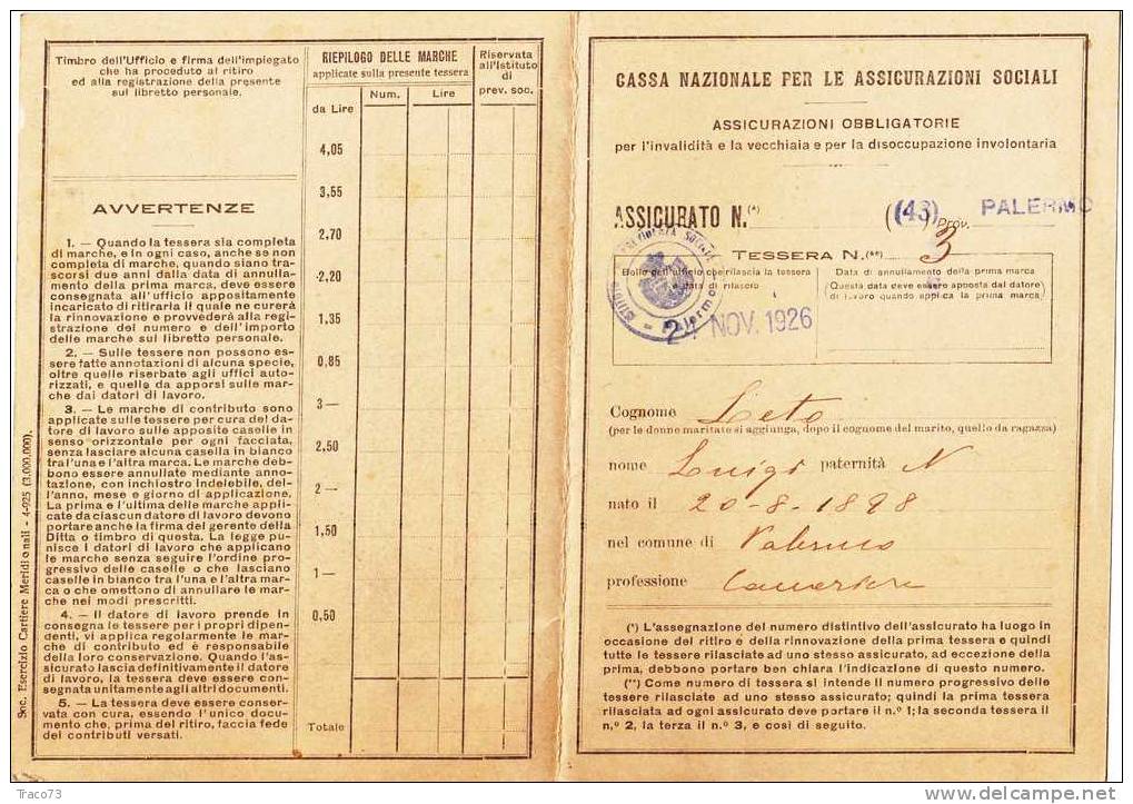 1926 - Tessera Assiccurazioni  Obbligatorie   - Serie 1925 - Lire 1,50 X 72 - Pur I - Steuermarken