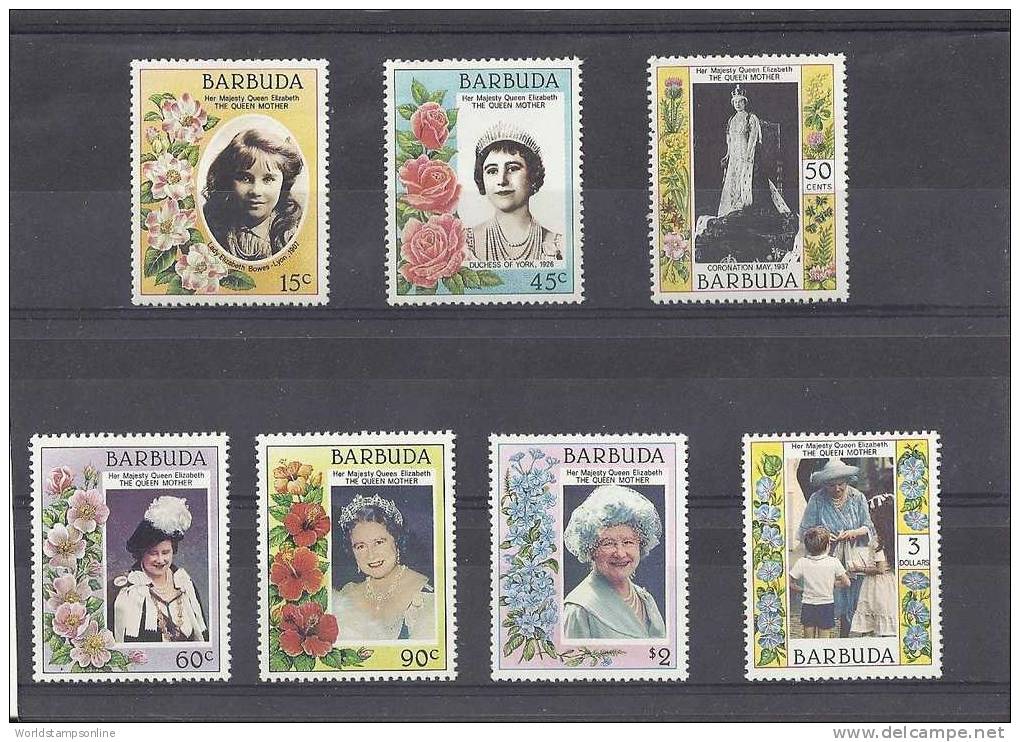 Barbuda, Serie 7, Year 1985, SG 776-782, Life Queen Elisabeth Queen Mother, MNH/PF - Antigua Und Barbuda (1981-...)