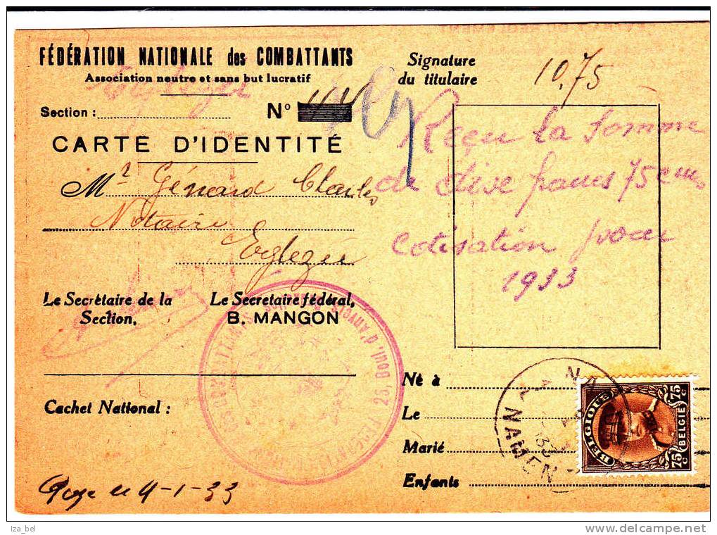 N°341 C1c NAMUR 5.I.33 S/RECU-CARTE D 'IDENTITE "FNC" V.Eghezée.TB - Briefe U. Dokumente