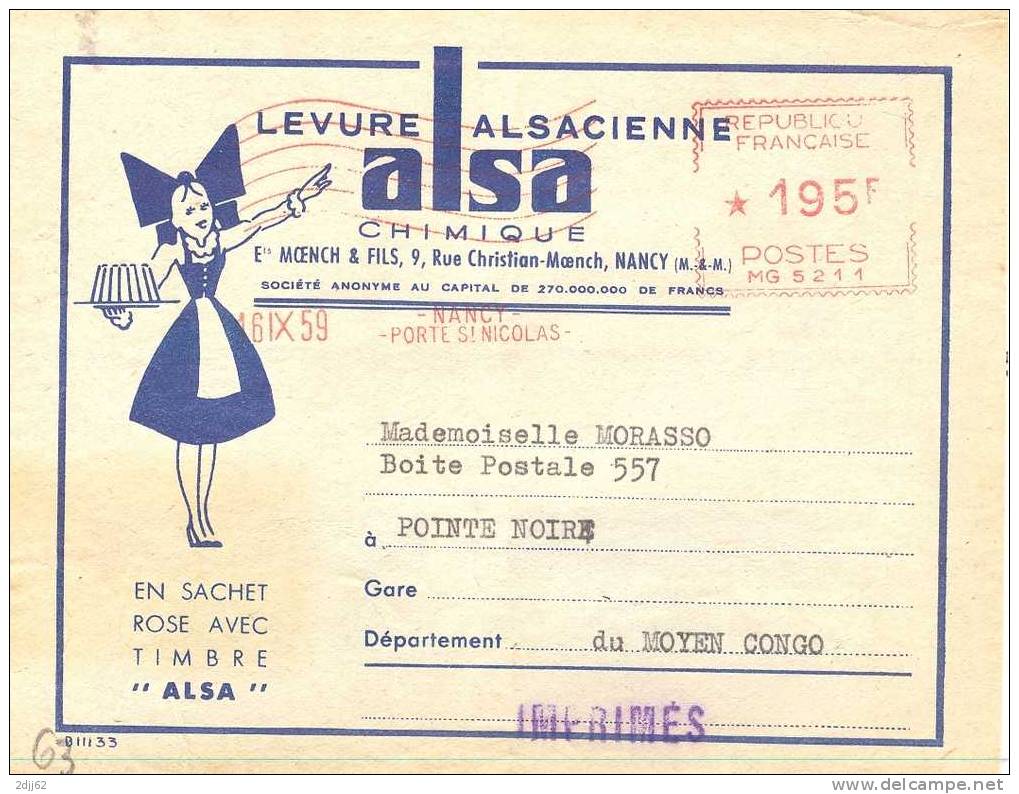 Tarif, 1959, Congo, Boulangerie, Coiffe, Alsace, Classe Ouverte - EMA Havas -Etiquette Colis  (F004) - Tarifs Postaux