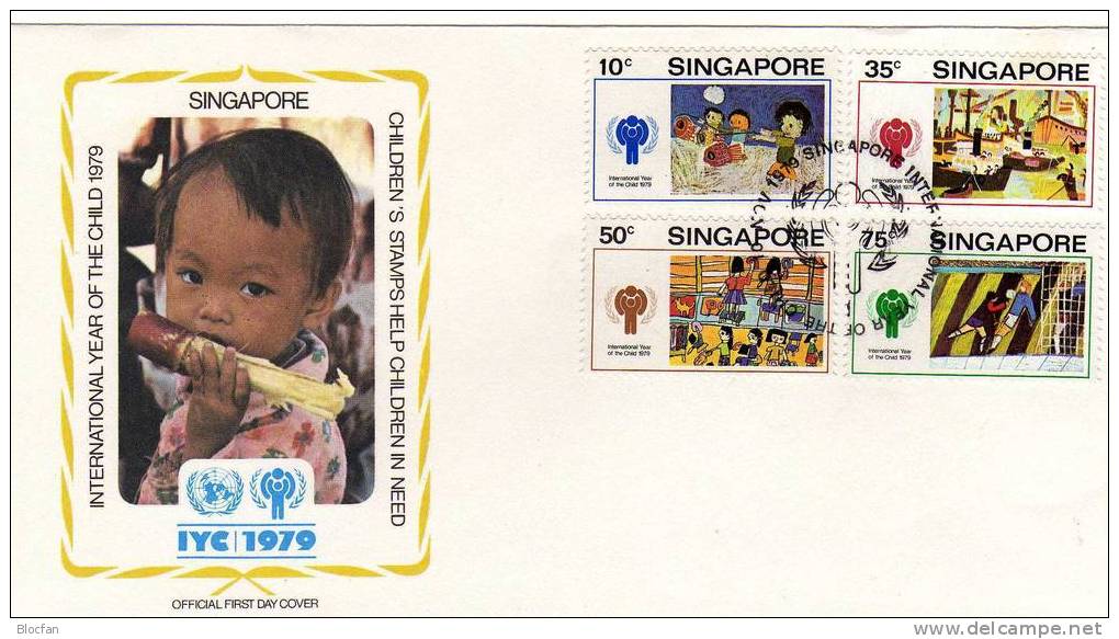 UN-Jahr Des Kindes 1979 Singapur 335/8+Block 11 Auf FDC 24€ Kinder-Malerei Schiff Im Hafen Children Cover Bloc Bf UNICEF - Singapur (1959-...)