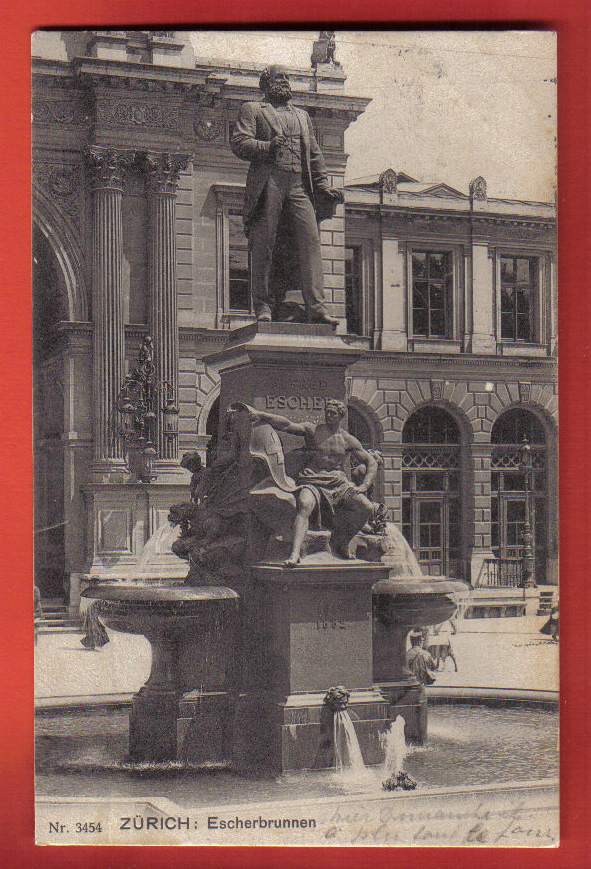 N098 Zürich Escherbrunnen,Fontaine Escher.CAchet Zürich 1907 Vers Montreux. Franco-Suisse 3454 - Zürich