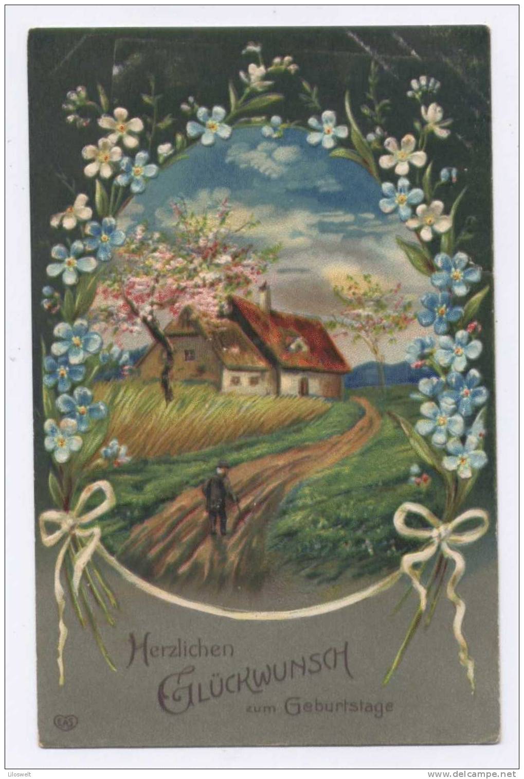 Geburtstag Landschaft Passepartout Blumen Präge-AK 1908 - Birthday