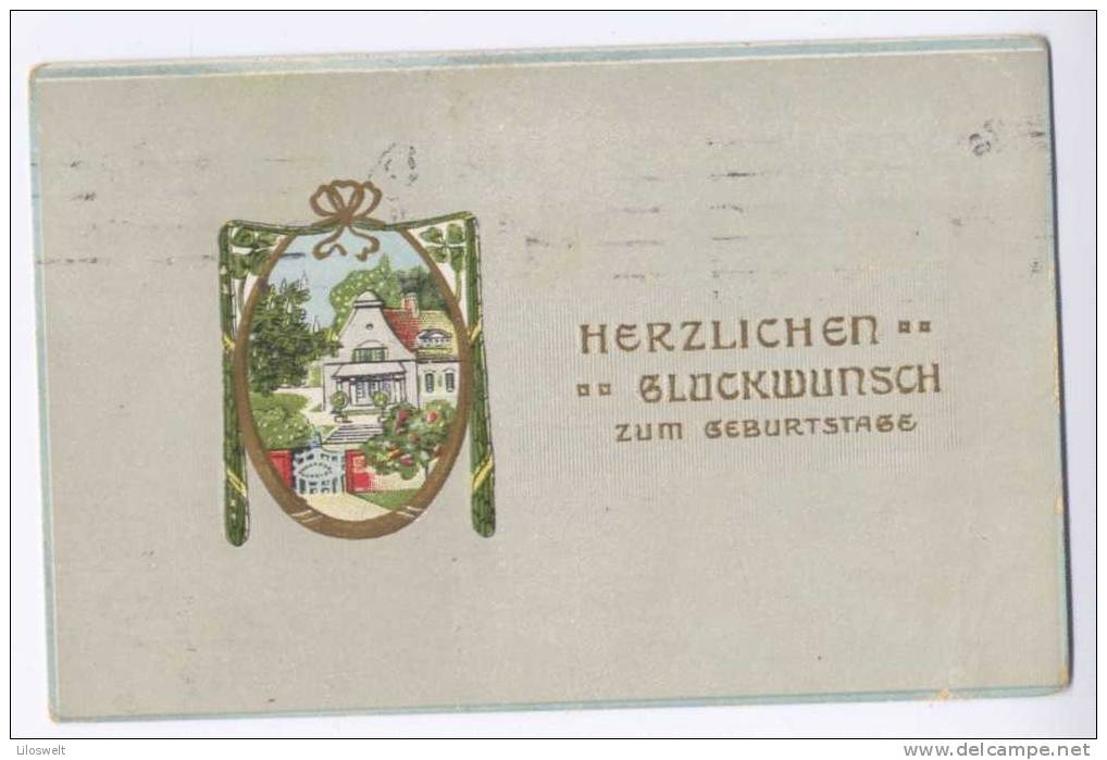 Geburtstag Haus Passepartout Kleeblatt Präge-AK 1913 - Geburtstag