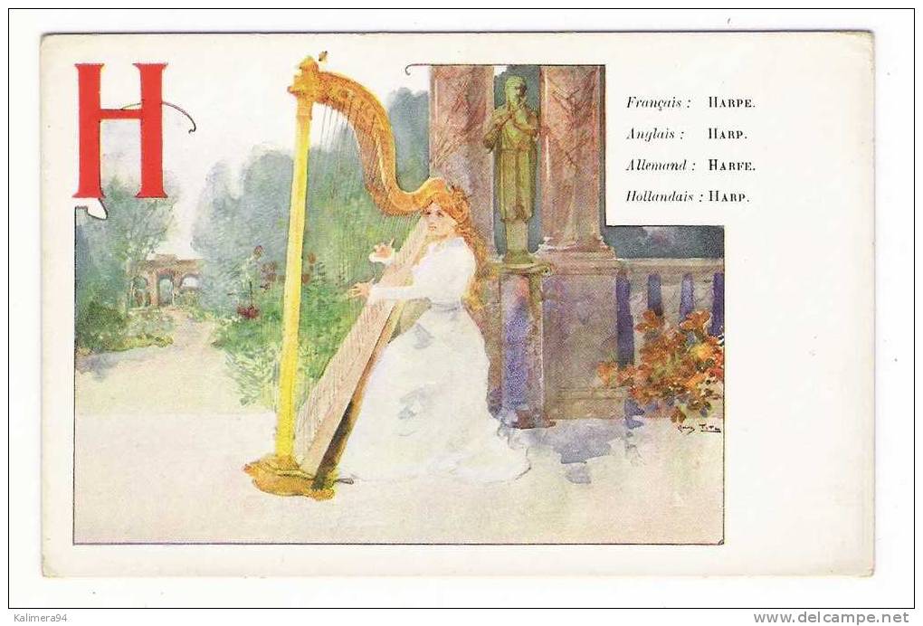 Lettre  H  /  HARPE   ( Musicienne, Mythologie) /  ALPHABET En 4 LANGUES , Par DENIS TITZ  /  ART NOUVEAU 1900 - Autres & Non Classés