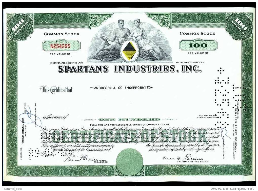 1968  Aktie  Hist. Wertpapier  ,   Spartans Industries , Inc.  -  100 Shares - Industrie