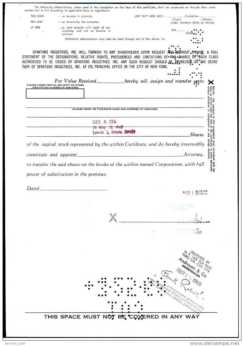 1968  Aktie  Hist. Wertpapier  ,   Spartans Industries , Inc.  -  100 Shares - Industrie