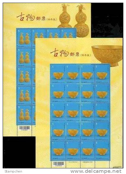 Taiwan 2009 Ancient Chinese Art Treasures Stamps Sheets Gold Gourd Urn Bowl Mineral Food Utensil Teapot Wine Flower - Blocs-feuillets