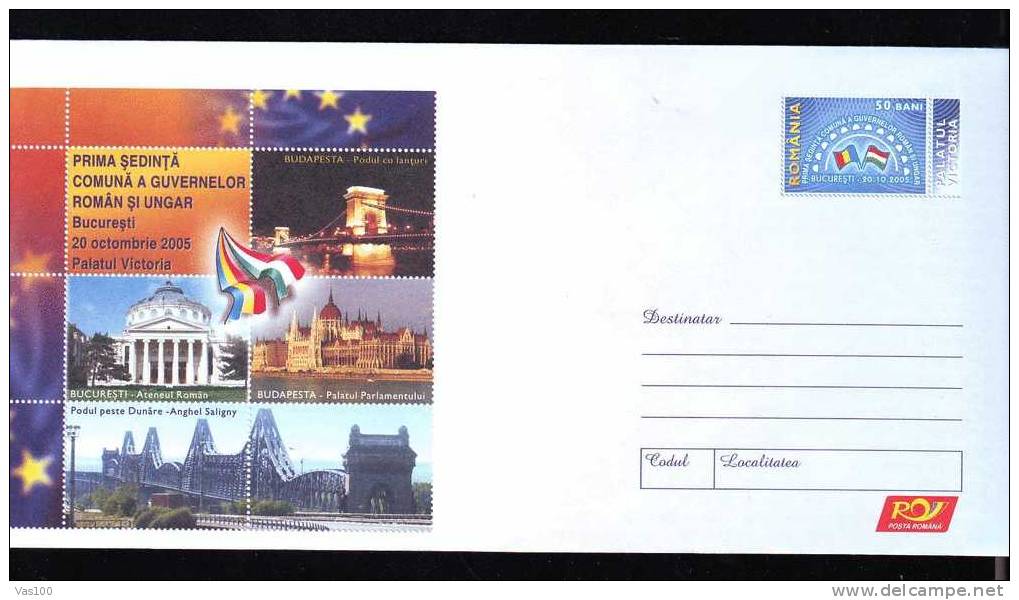 ROMANIA 2005 COVER ENTIER POSTAUX STATIONERY,PARLIAMENT HUNGARY ,BRIDGE DANUBE,ROMANIA-HUNGARY. - Joint Issues