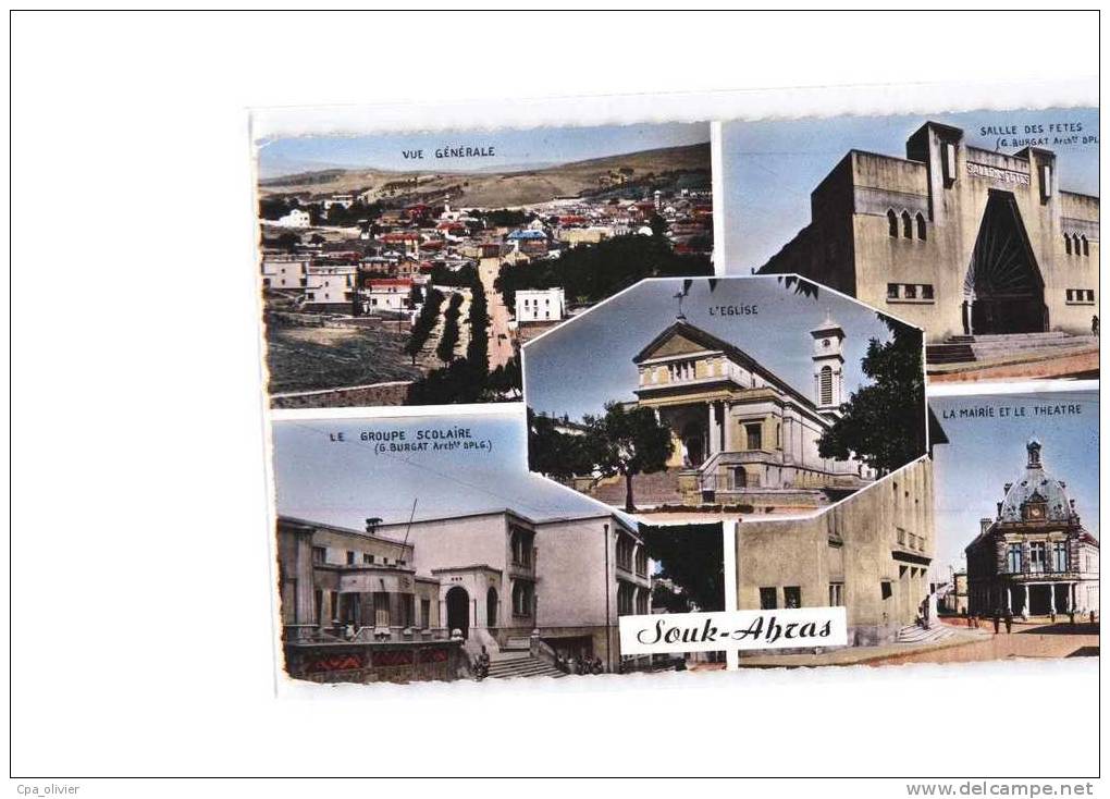 ALGERIE Souk Ahras Multivue, Vue Générale, Eglise, Salle Des Fetes, Ecole, Mairie, Théatre, Ed CAP 1518, CPSM 9x14, 1956 - Souk Ahras