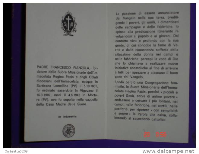 Reliquia Padre FRANCESCO PIANZOLA ( Sartirana Lomellina,Pavia ) Vigevano /Mortara -Fonda.Missionarie Regina Pacis/Oblati - Santini