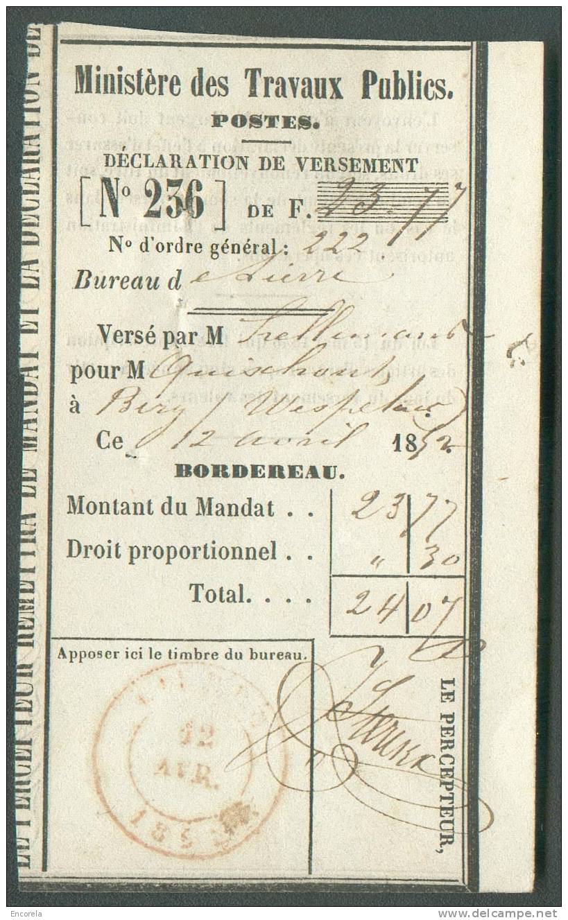 Bordereau De Réception De Mandat Poste Du Bureau De LIERRE Le 12 Avril 1852 Pour Une Somme De 24Fr07.  Rare - 6013 - 1830-1849 (Belgique Indépendante)