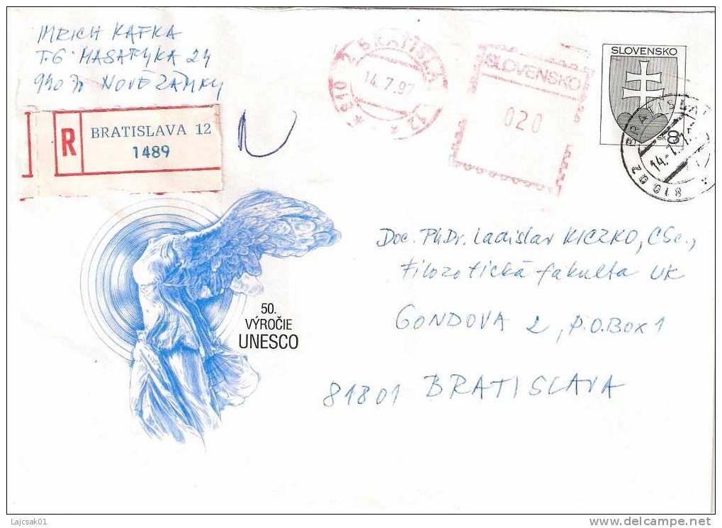 Slovakia 1997. Registered Cover,50 Years Of UNESCO ,pre-stamped,machine Stamp,Bratislava Cancel - Lettres & Documents