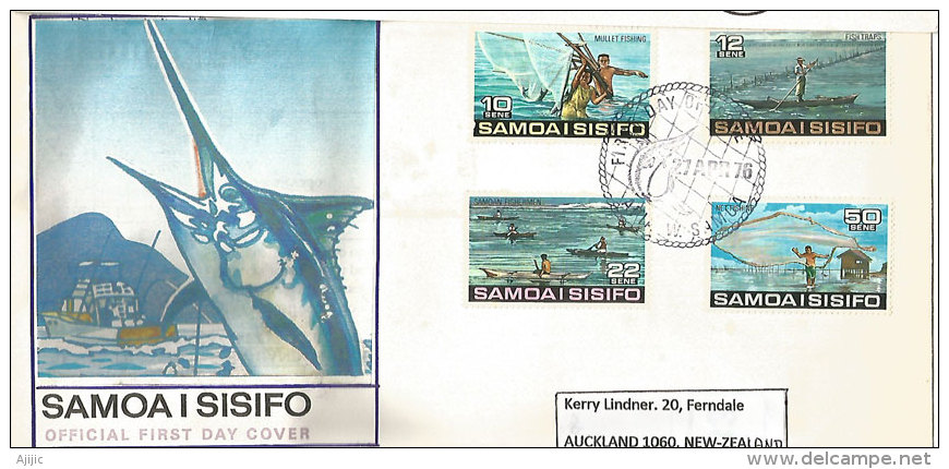 La Pêche  Aux  ILES SAMOA.  Belle Lettre  FDC  Adressée En Nouvelle-Zélande. Yv.372/75 - Samoa (Staat)