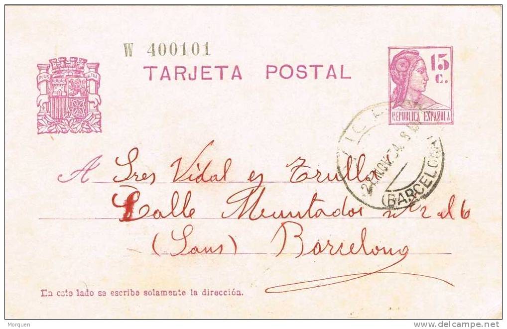 Entero Postal VICH (Barcelona) 1934. Republica - 1931-....