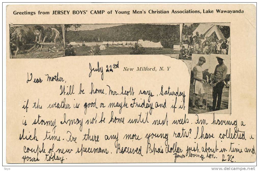 Greetings Of Jersey Boy's Camp YMCA Lake Wawayanda Timbrée New Milford 1907 USA - Scouting