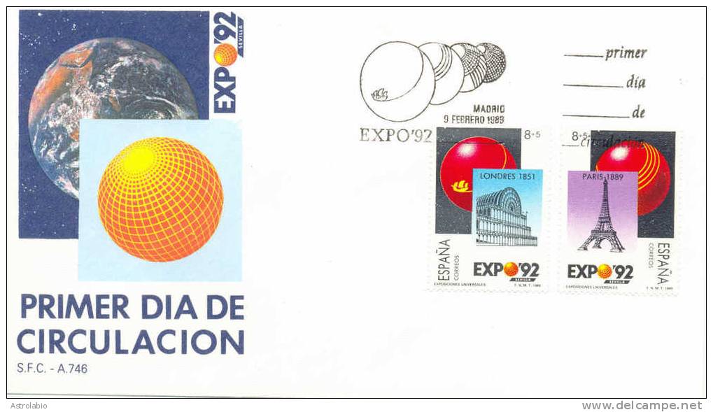 Espagne 1989 FDC (2) " Exposition Universelle, à Séville " Yvert 2606/9 Flamme - 1992 – Sevilla (España)