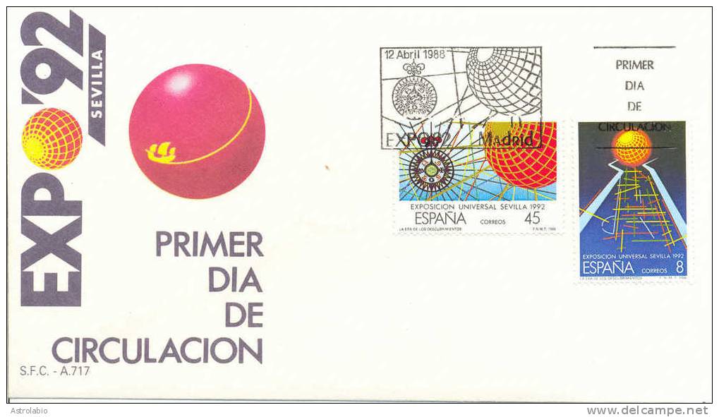 Espagne FDC 1988 " Exposition Universelle, à Séville " Yvert 2553/4 Flamme - 1992 – Siviglia (Spagna)