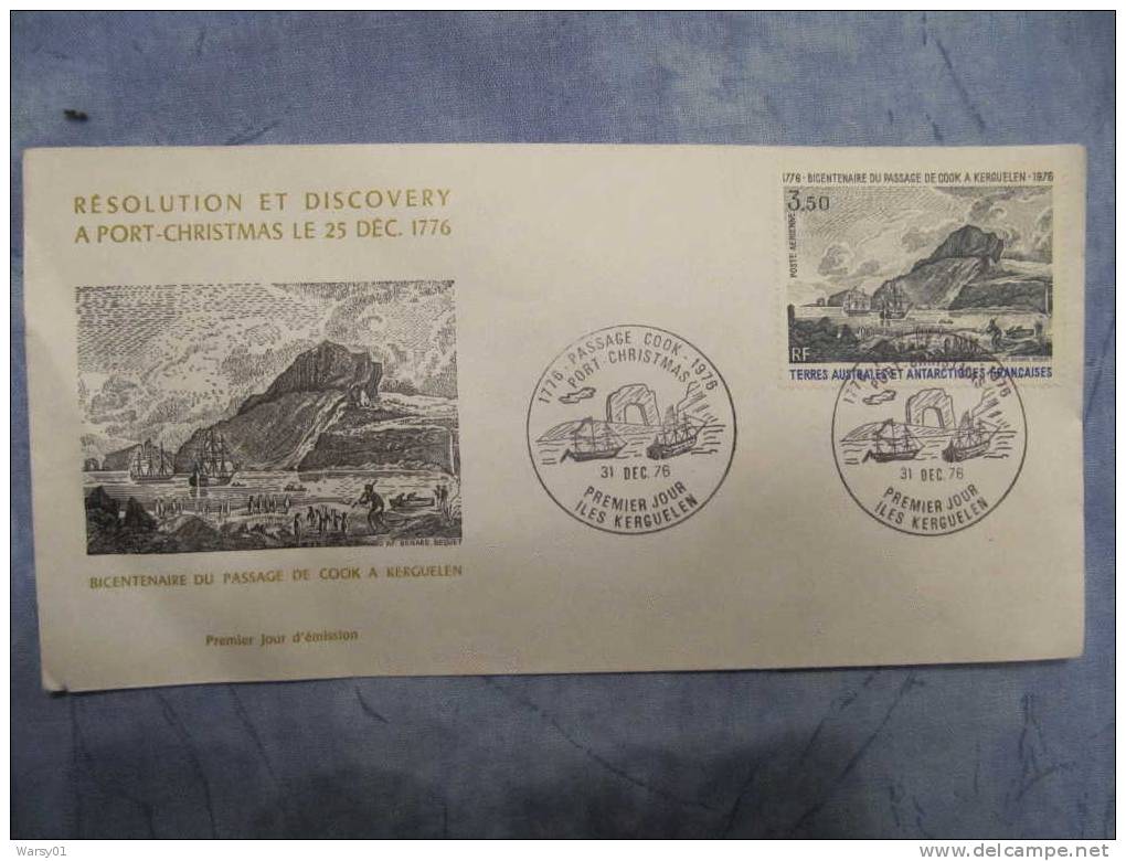 428 TAAF FDC 1976 COOK Kerguelen Navire Ship Resolution Discovery Port Christmas Polar Antartish Antarctic - Polarforscher & Promis