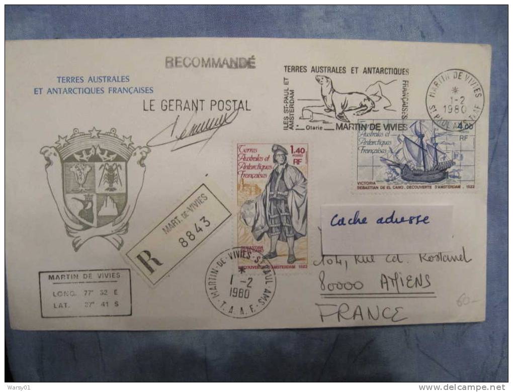 433 TAAF Polaire Polar Rare Découvreur Amsterdam 16e Siècle Découverte Otarie Flamme Armoirie Autographe Rare FDC Voile - Esploratori E Celebrità Polari